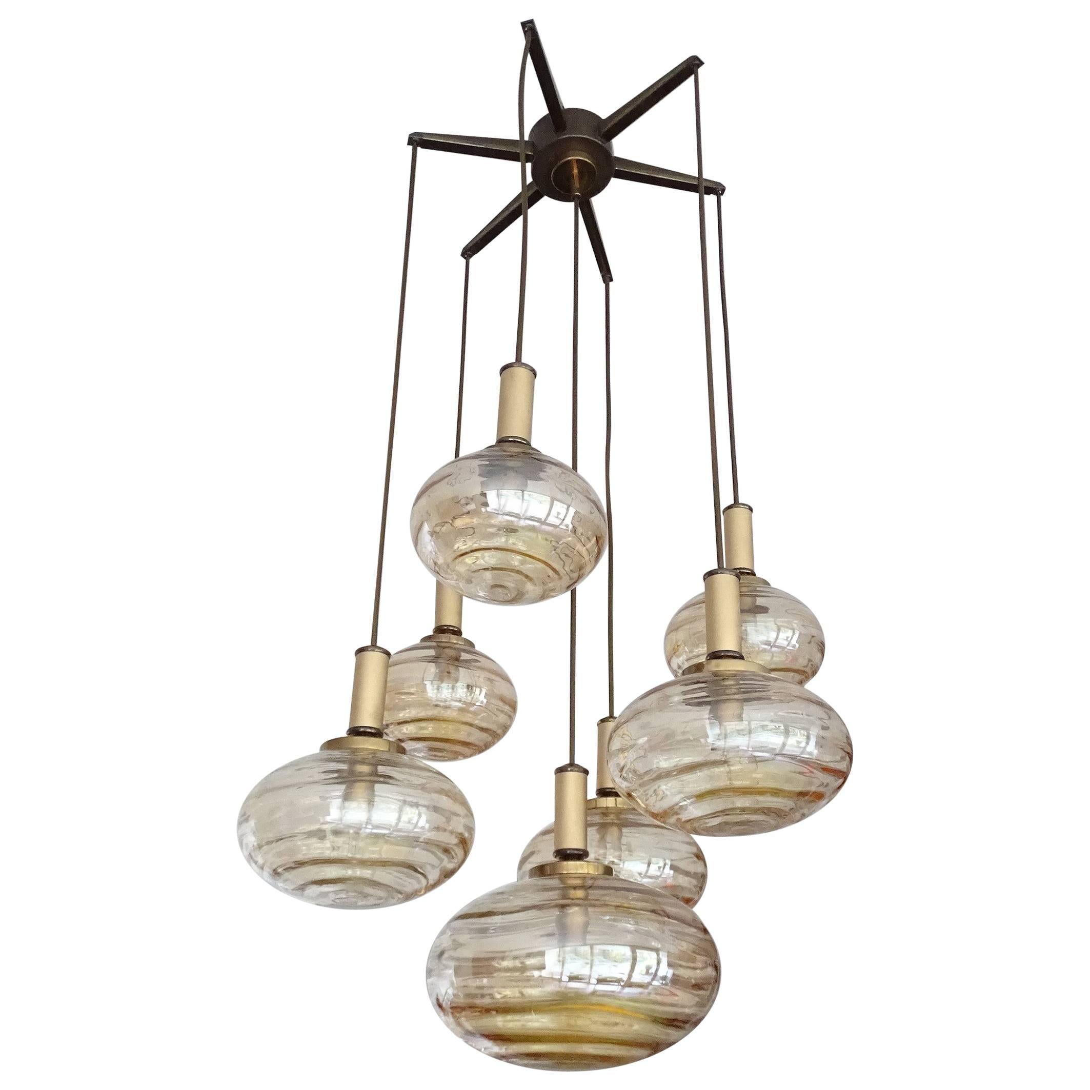 Mid-Century Modern Large 7 Lights Limburg Cascade Overally  Glass Globes Brass Chandelier