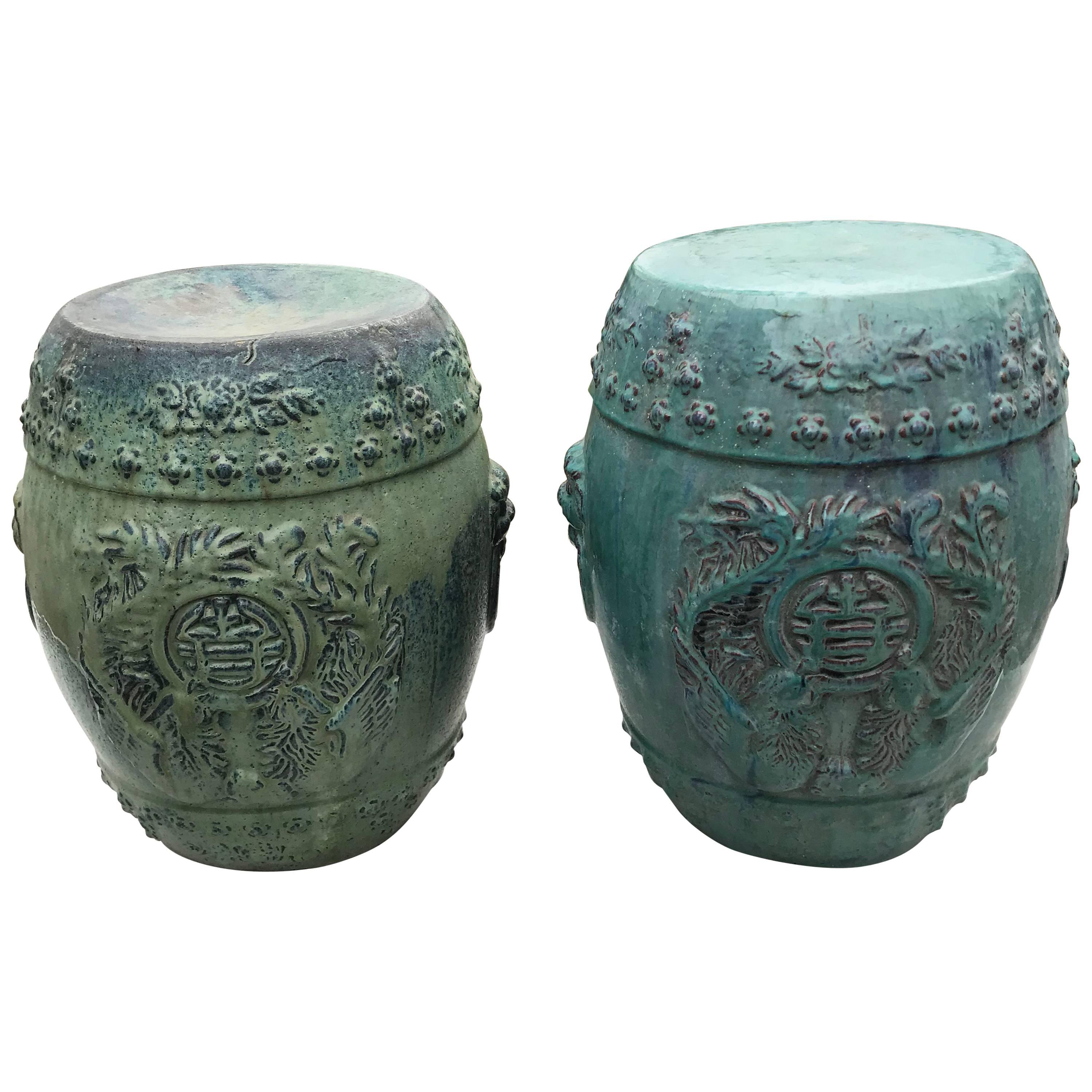 Chinese Vintage Pair Richly Hand-Glazed Blue Garden Stools Seats