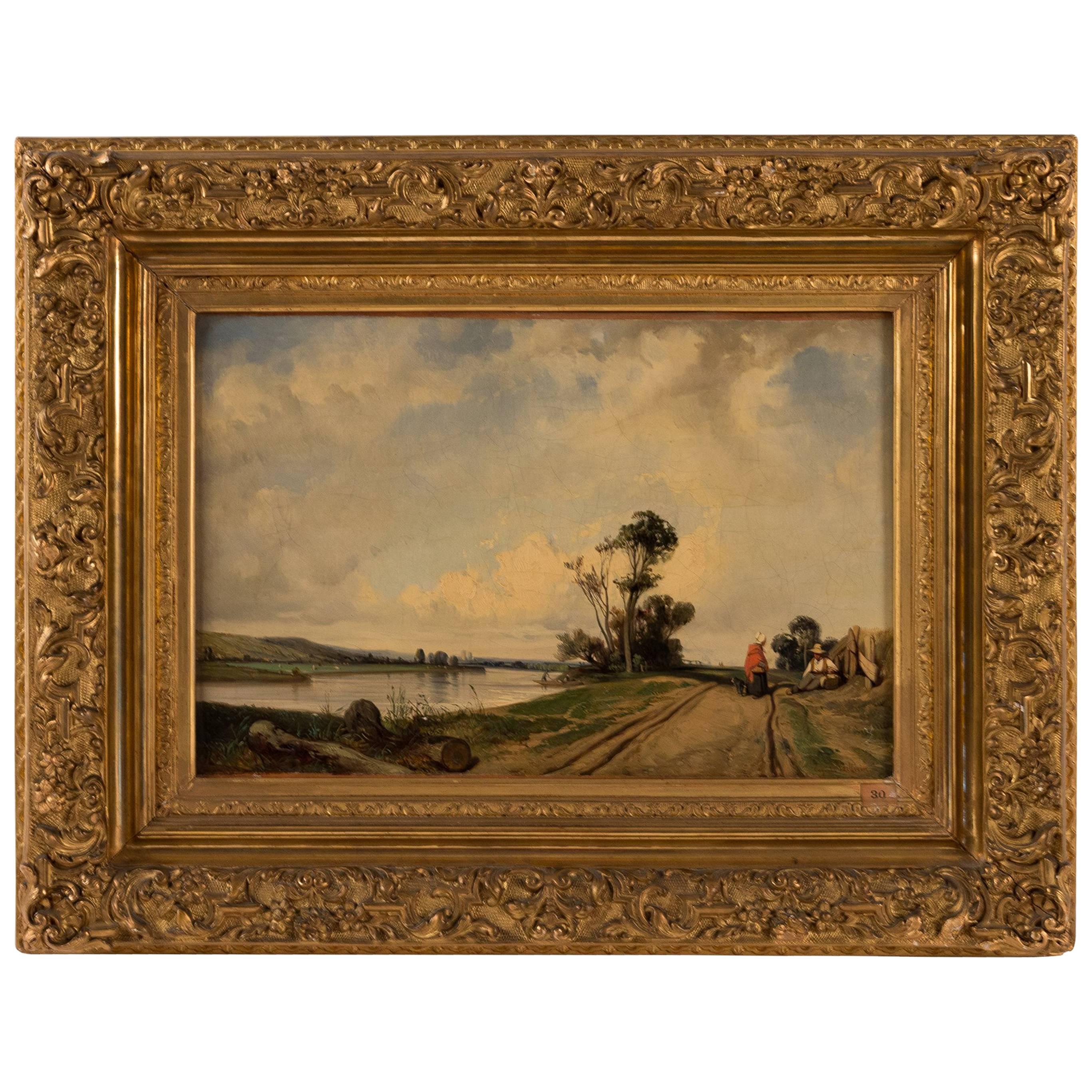 Eugene Le Poittevin Oil on Canvas Farmer on the Towpath, circa 1850