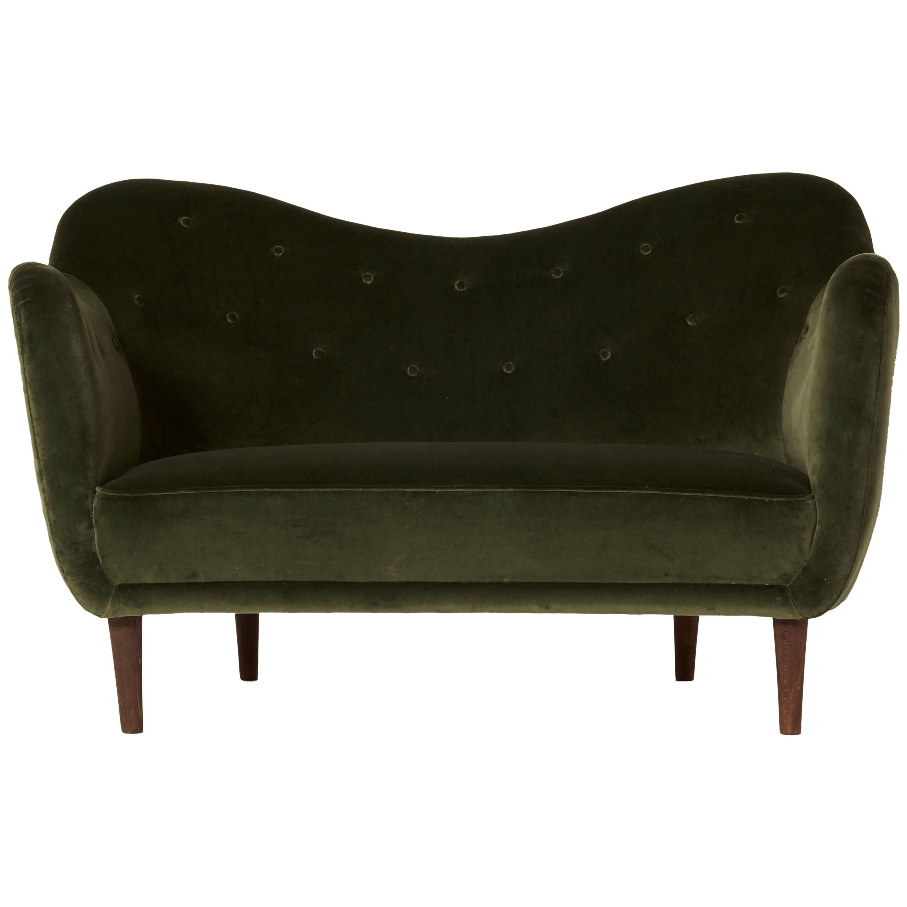 *** complimentary US shipping ***

Elegant and rare organic Finn Juhl BO64 (BO55) sofa or loveseat, in green velvet, designed in 1946 and manufactured in the late 1940s-early 1950s by Bovirke, Denmark. An iconic and rare piece.   Ships worldwide.