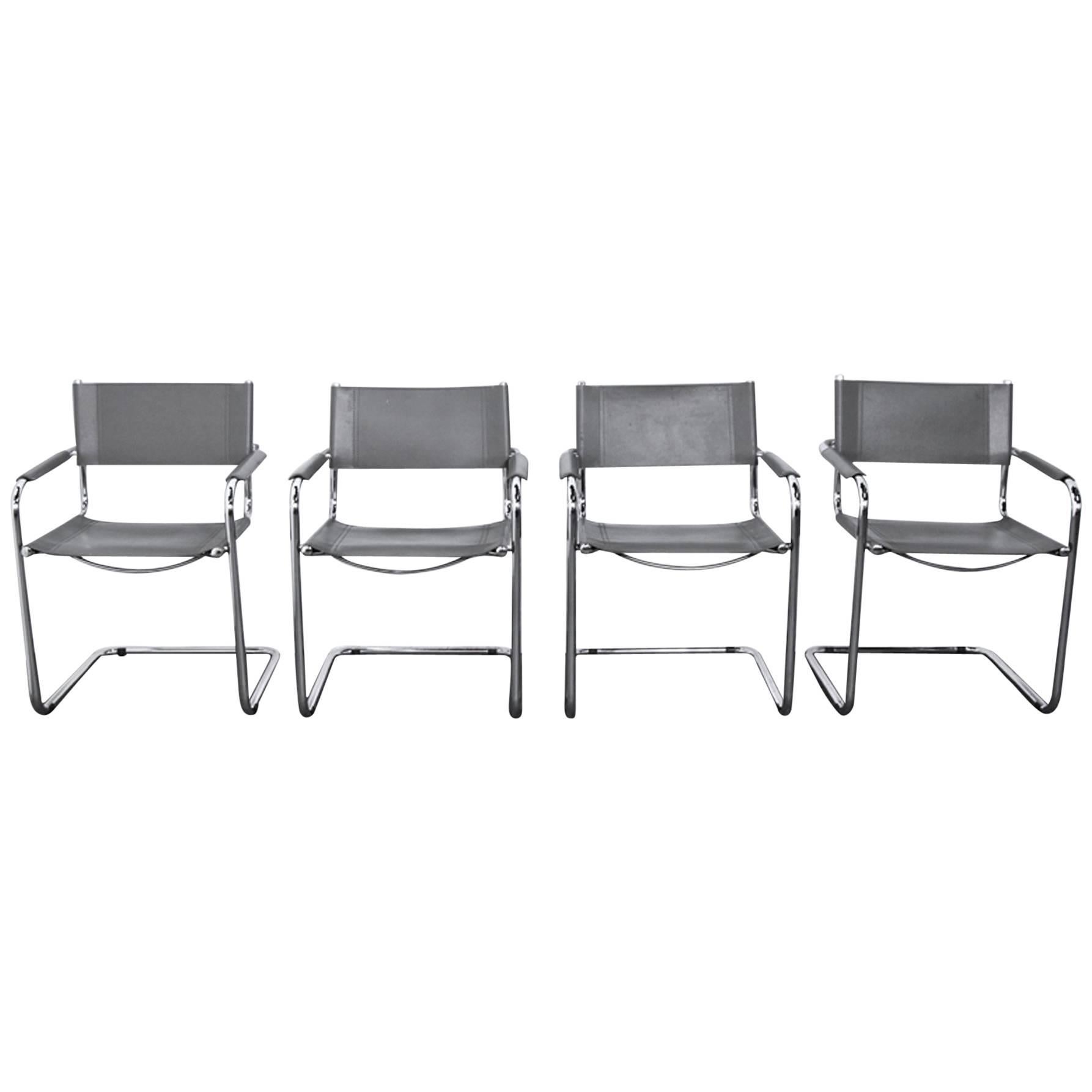 Four Midcentury Bauhaus Style Chrome and Grey Leather Chairs