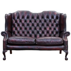 Chesterfield Leather Sofa Red Brown Two-Seat Couch Retro Vintage