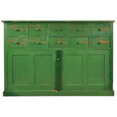 Italian Painted Green Factory Cupboard with Drawers