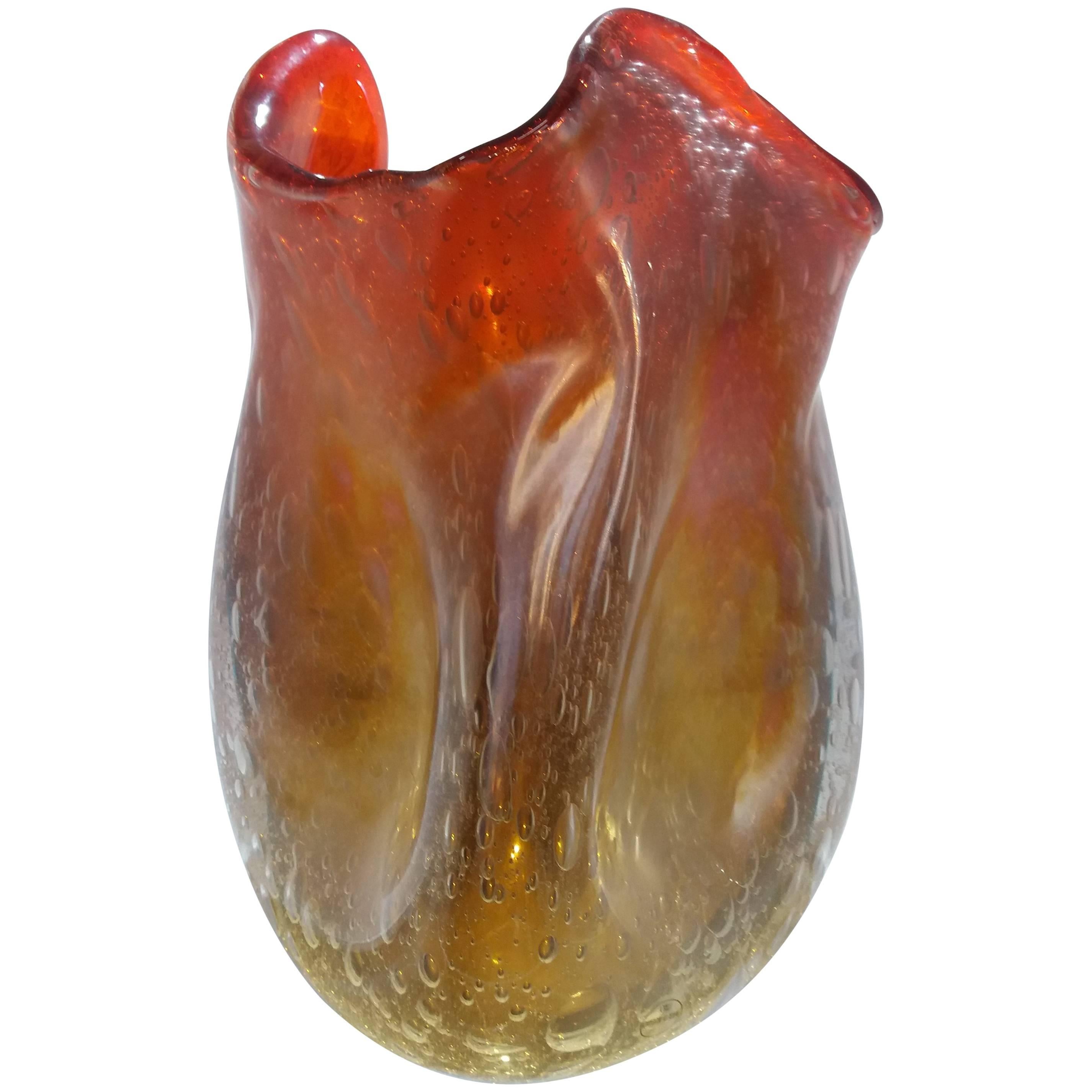 Italian red iridiscent blown glass vase For Sale