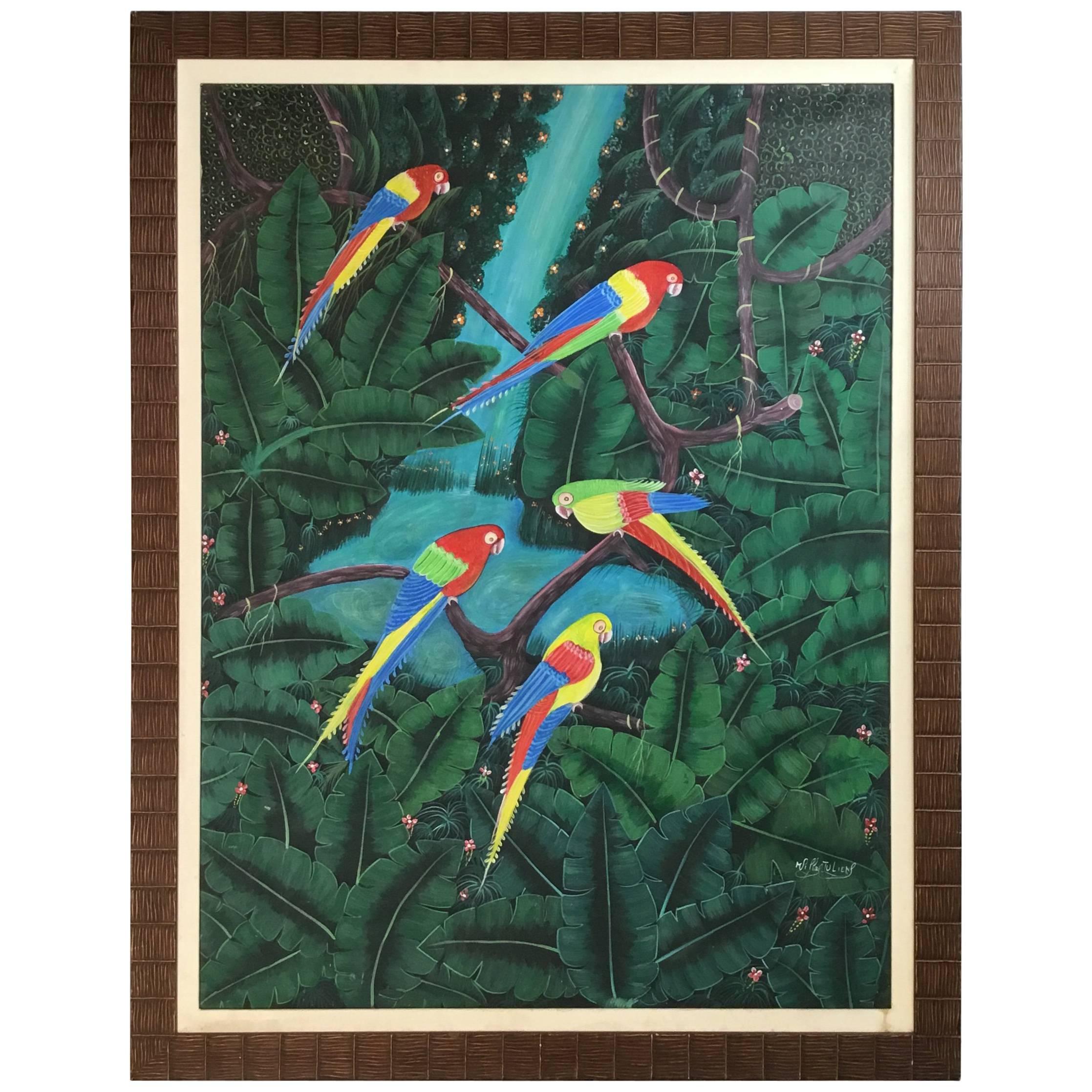 Peinture à l'huile haïtienne Perroquets dans le Jungle