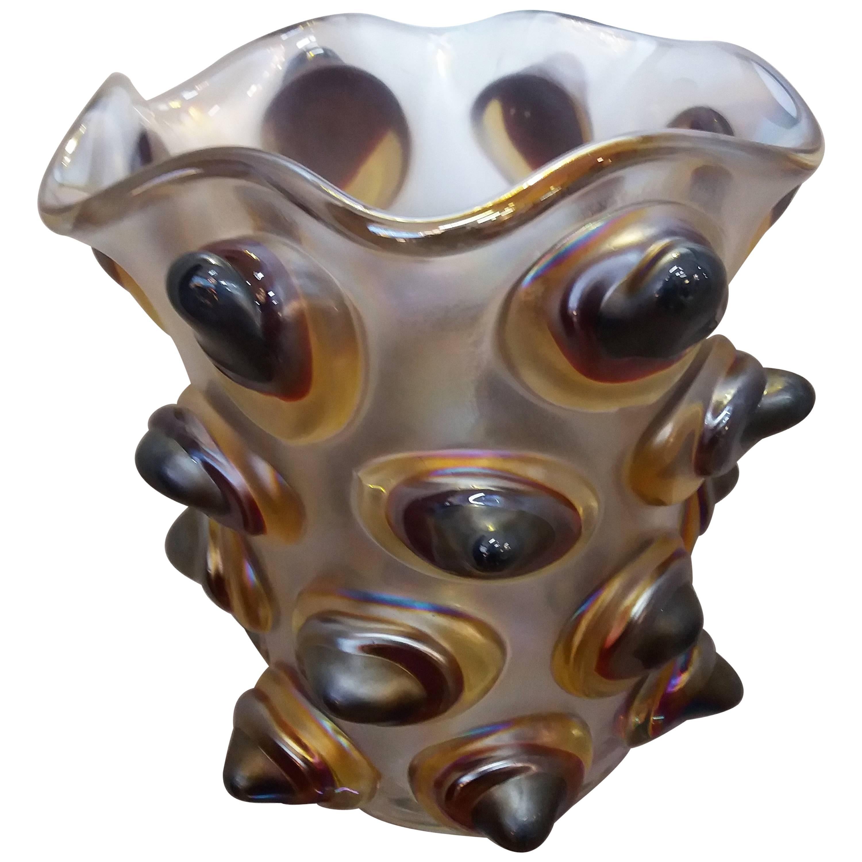 Italian blown glass iridiscent red grey vase For Sale