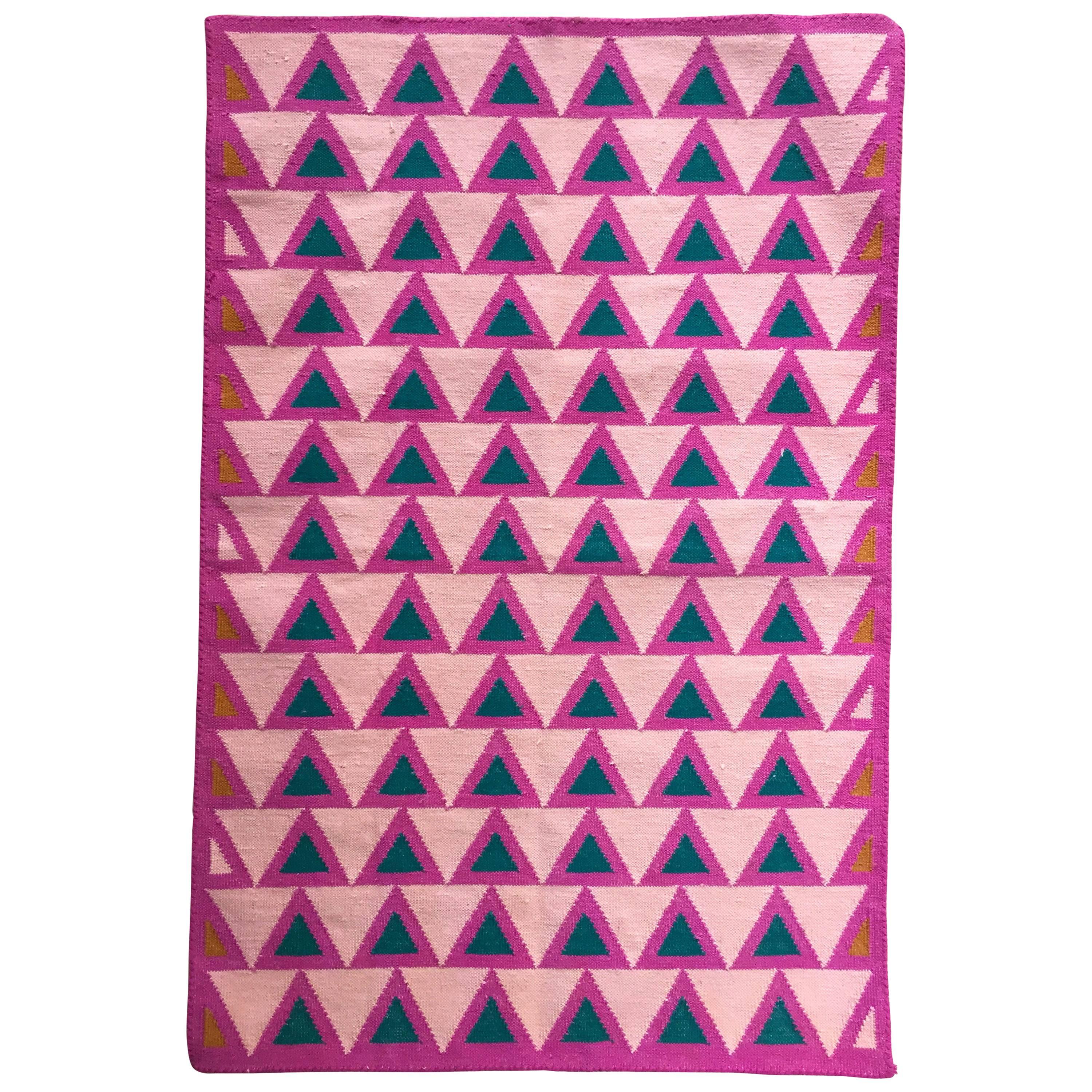 Geometric Maya Candy Pink Handwoven Modern Cotton Rug, Carpet and Durrie