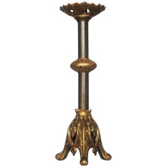 Antique Gothic Revival Gilt Bronze Church Candelabra, Altar Candlestick