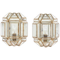 Pair of Brass and Glass Facetted Wall Lights