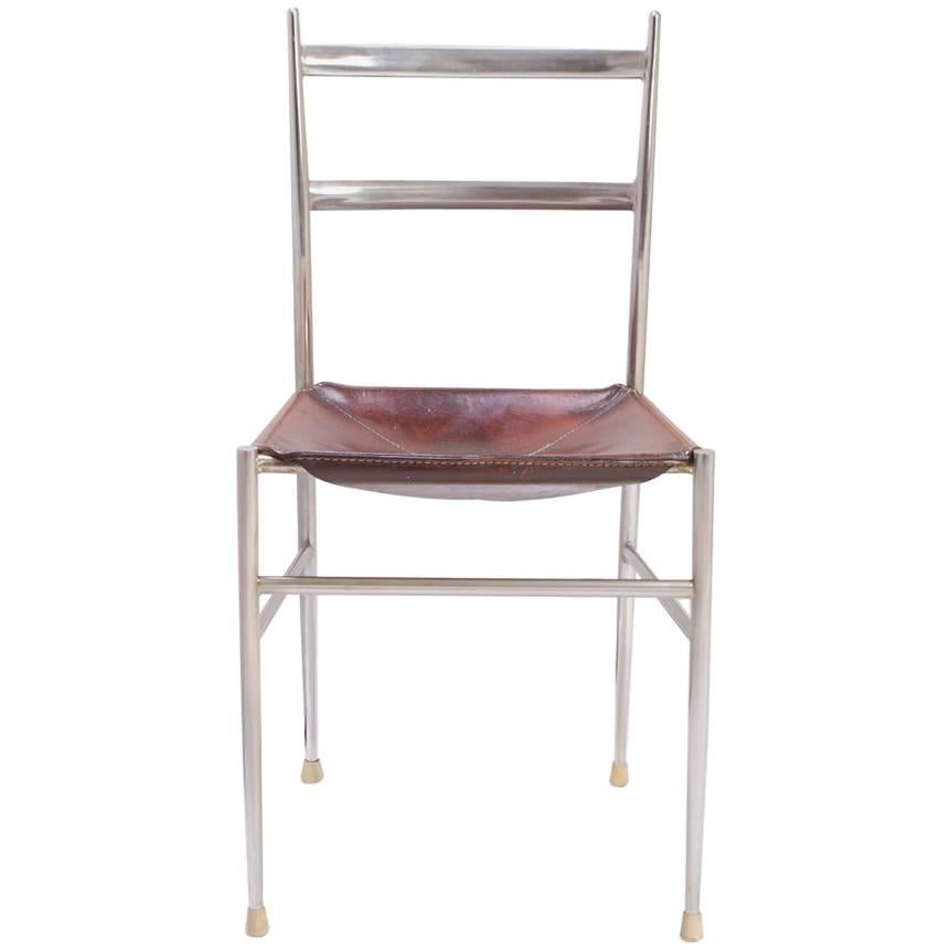 Gio Ponti Metal "Superleggera" Chair with Stitched Italian Leather Seat at  1stDibs