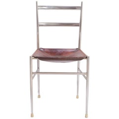 Gio Ponti Metal "Superleggera" Chair with Stitched Italian Leather Seat