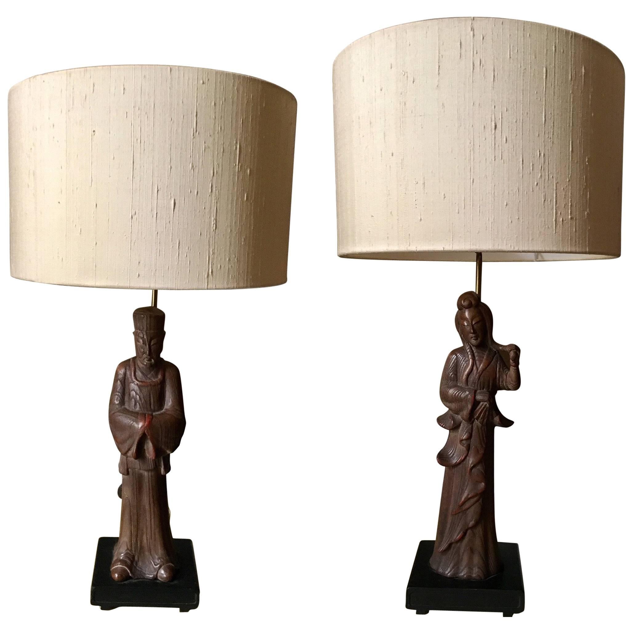 Pair of Wood Sculpted Lamps Style of James Mont For Sale