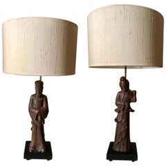 Pair of Wood Sculpted Lamps Style of James Mont