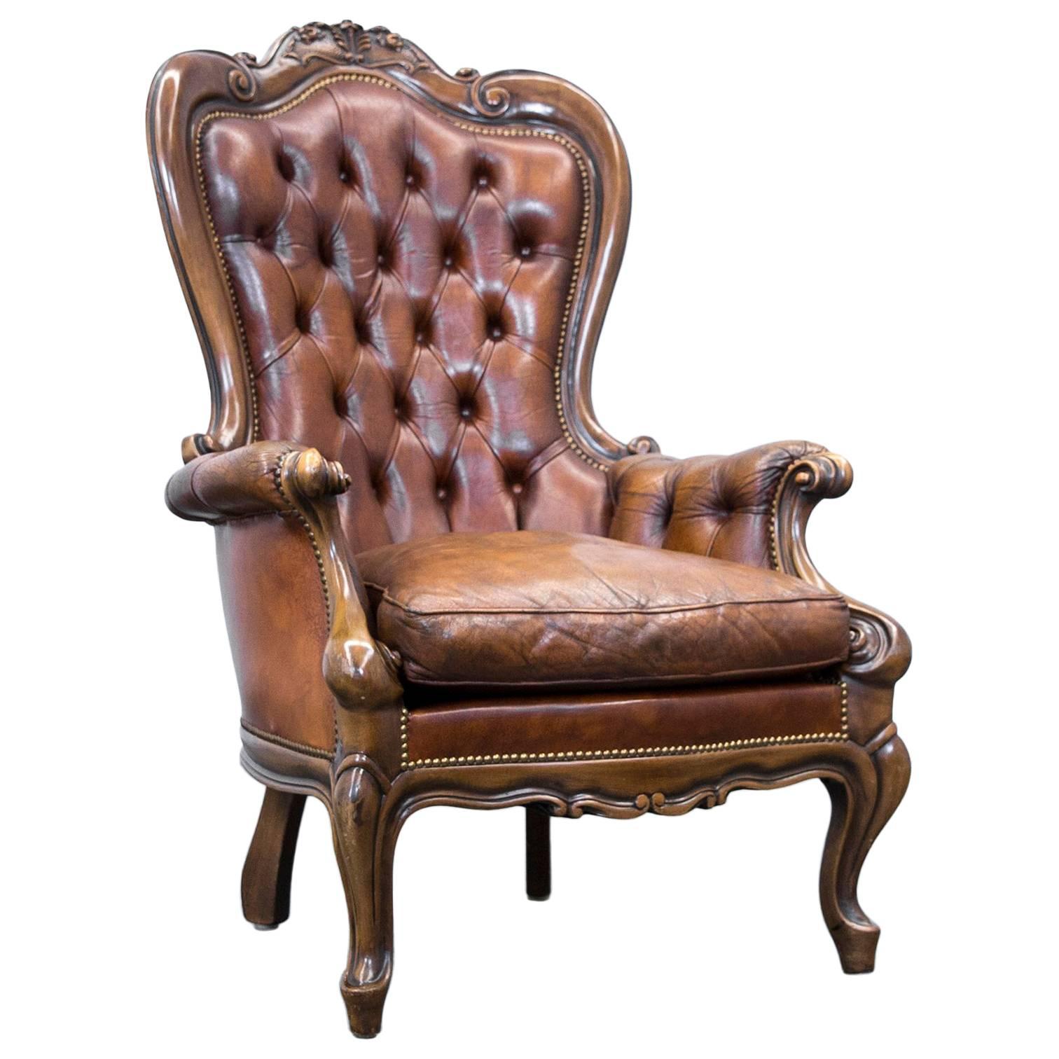 Chesterfield Armchair Leather Brown One Seat Wood Couch Vintage Retro For Sale