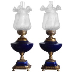 Midcentury Pair of Italian Cobalt Blue Porcelain Vase Table Lamps