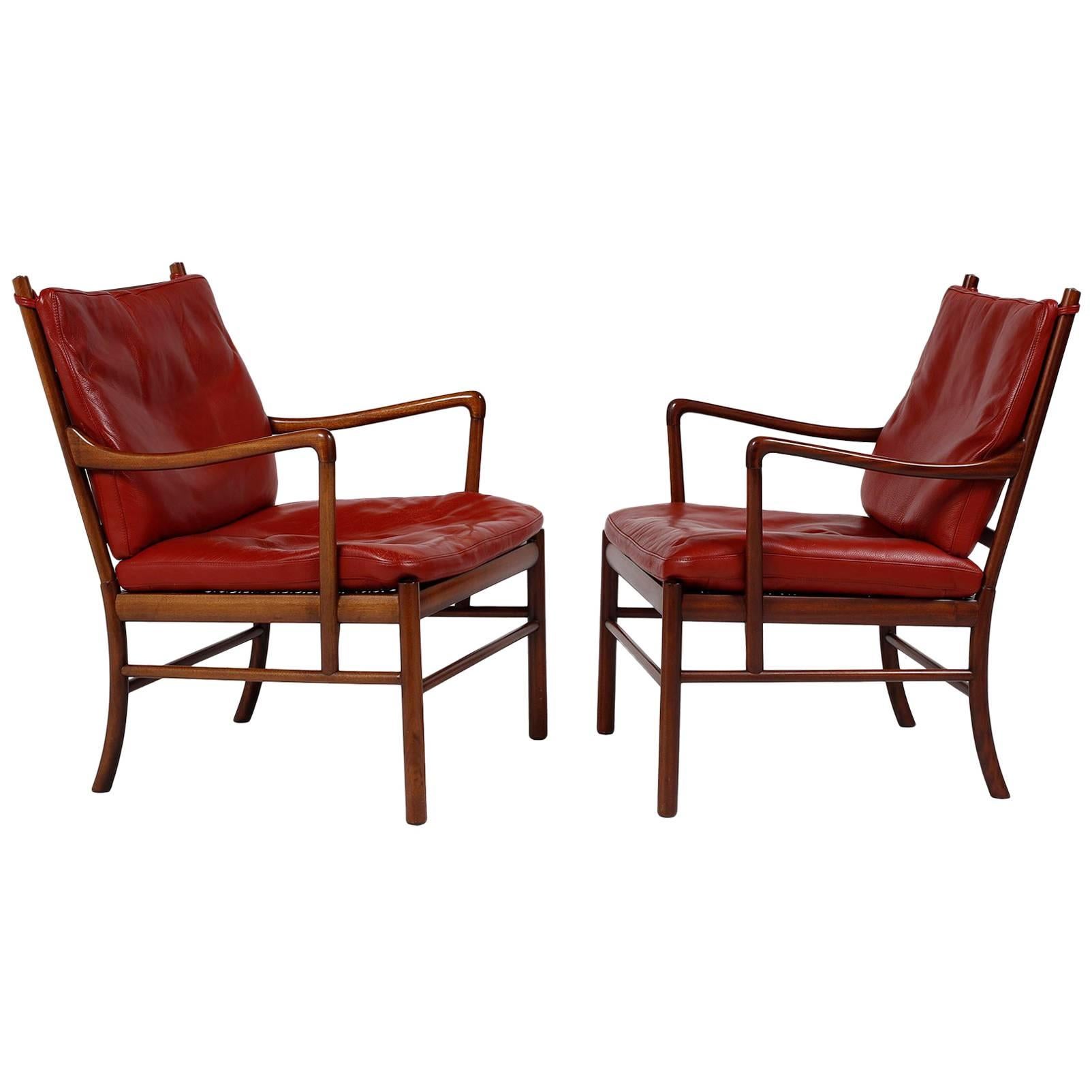 Ole Wanscher Pair of 'Colonial' Armchairs in Red Leather