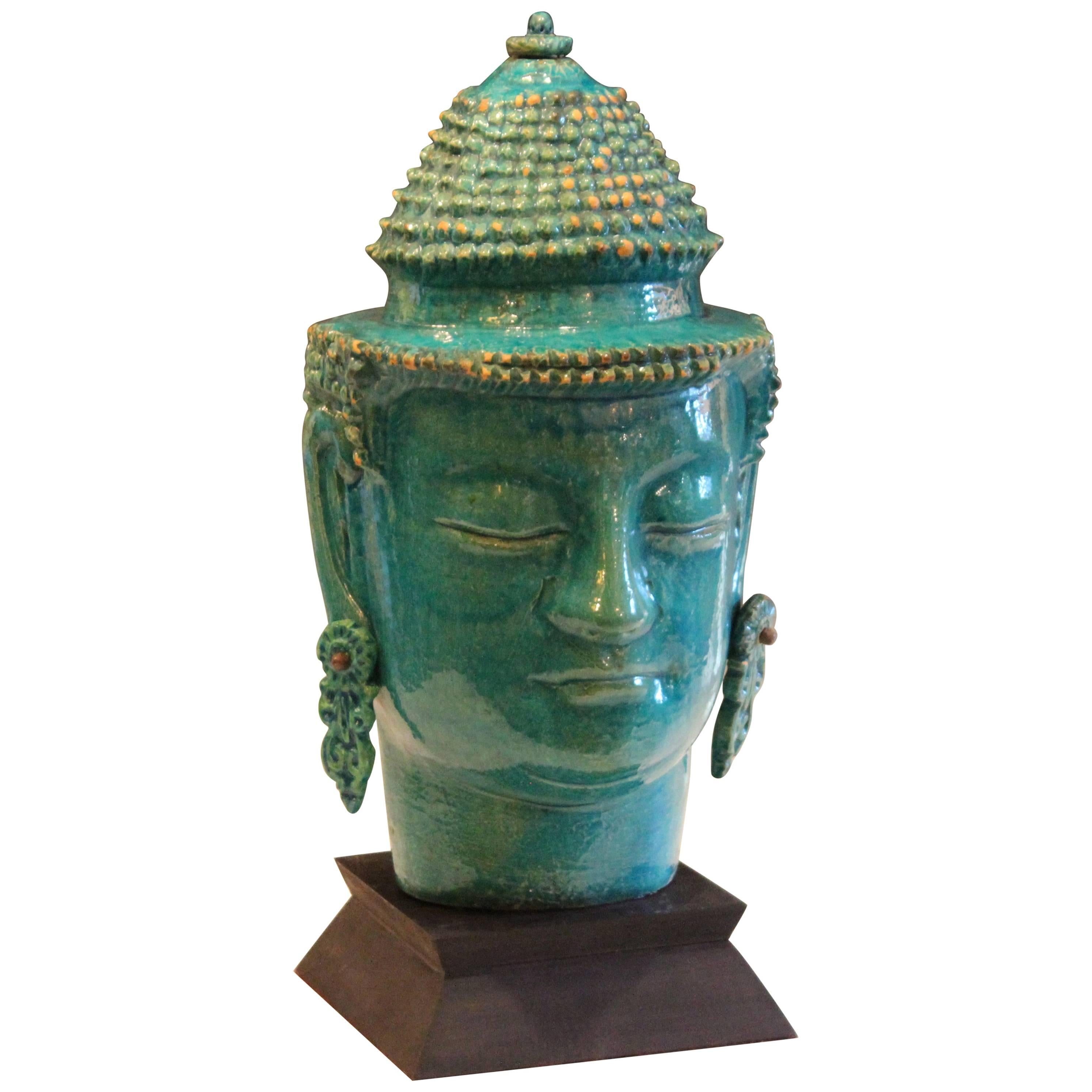 Vintage Italian Raymor Zaccagnini Pottery Large Buddha Head Turquoise Crackle