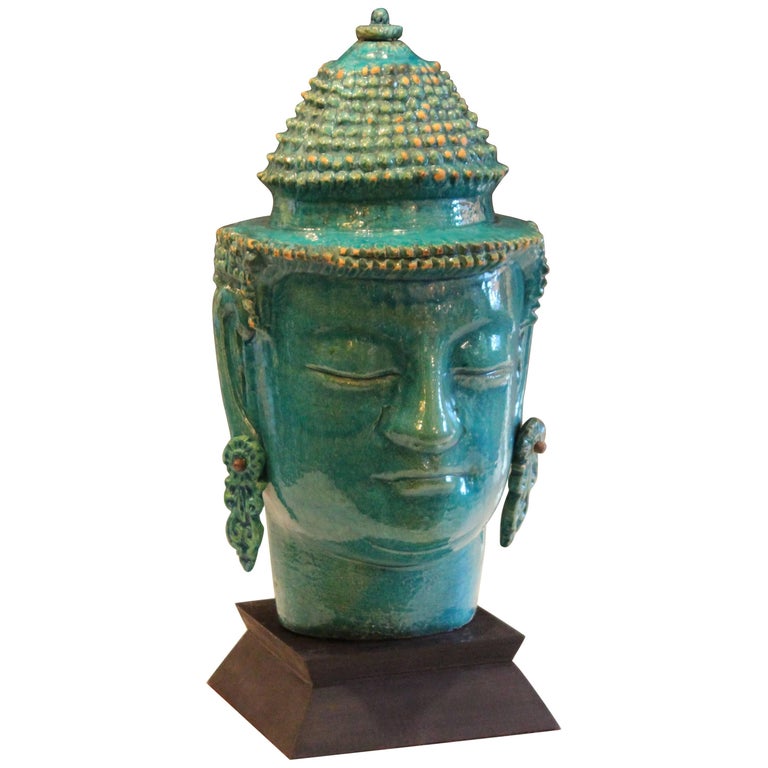 Vintage Italian Raymor Zaccagnini Pottery Large Buddha Head Turquoise Crackle at 1stDibs