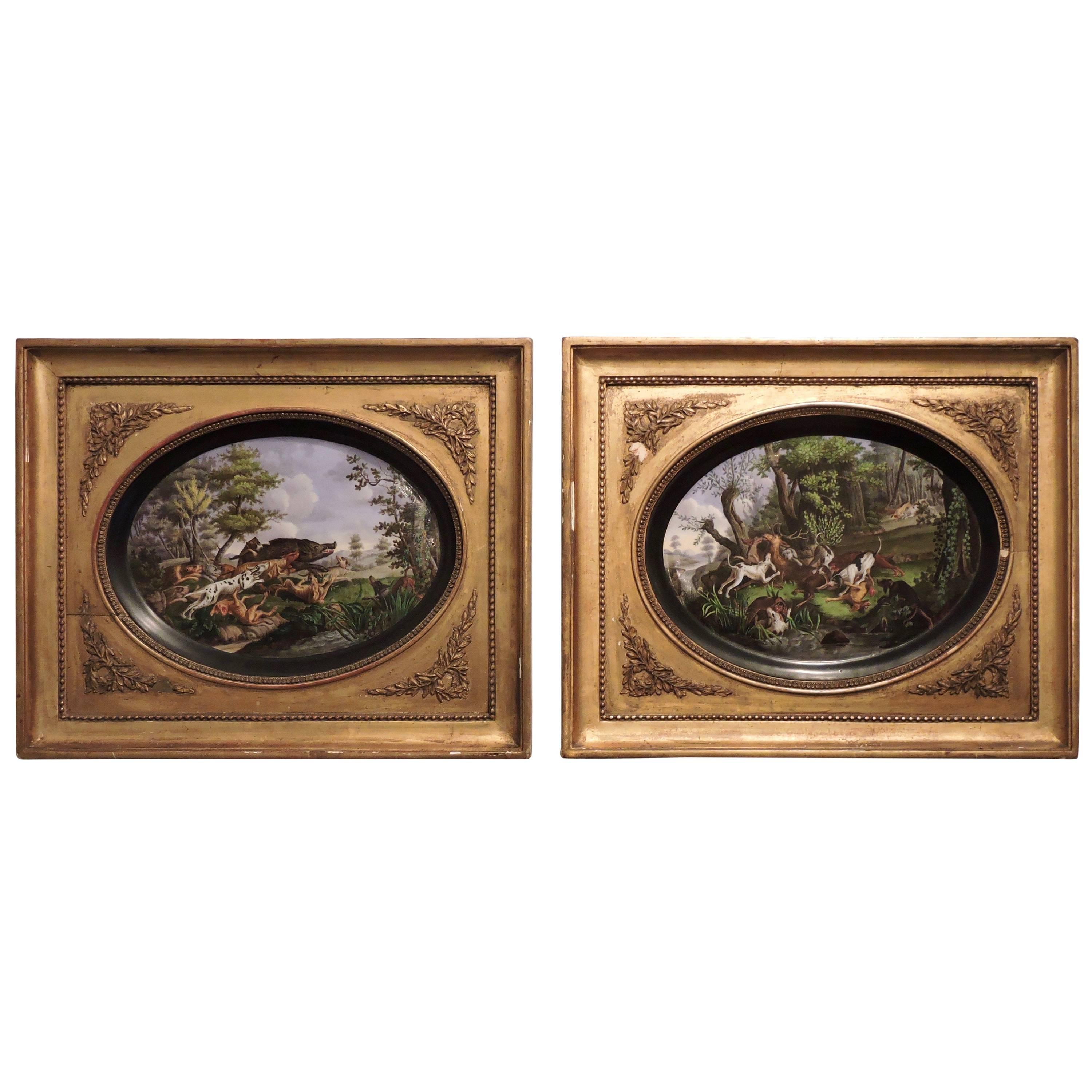 Pair of Framed Hand-Painted Paris Porcelain Hunting Scenes, after N. Desportes