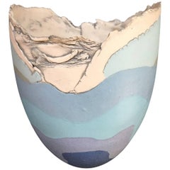 Vintage British Studio Pottery Mary White Vase Vessel, Blue, Lavender, Grey and White