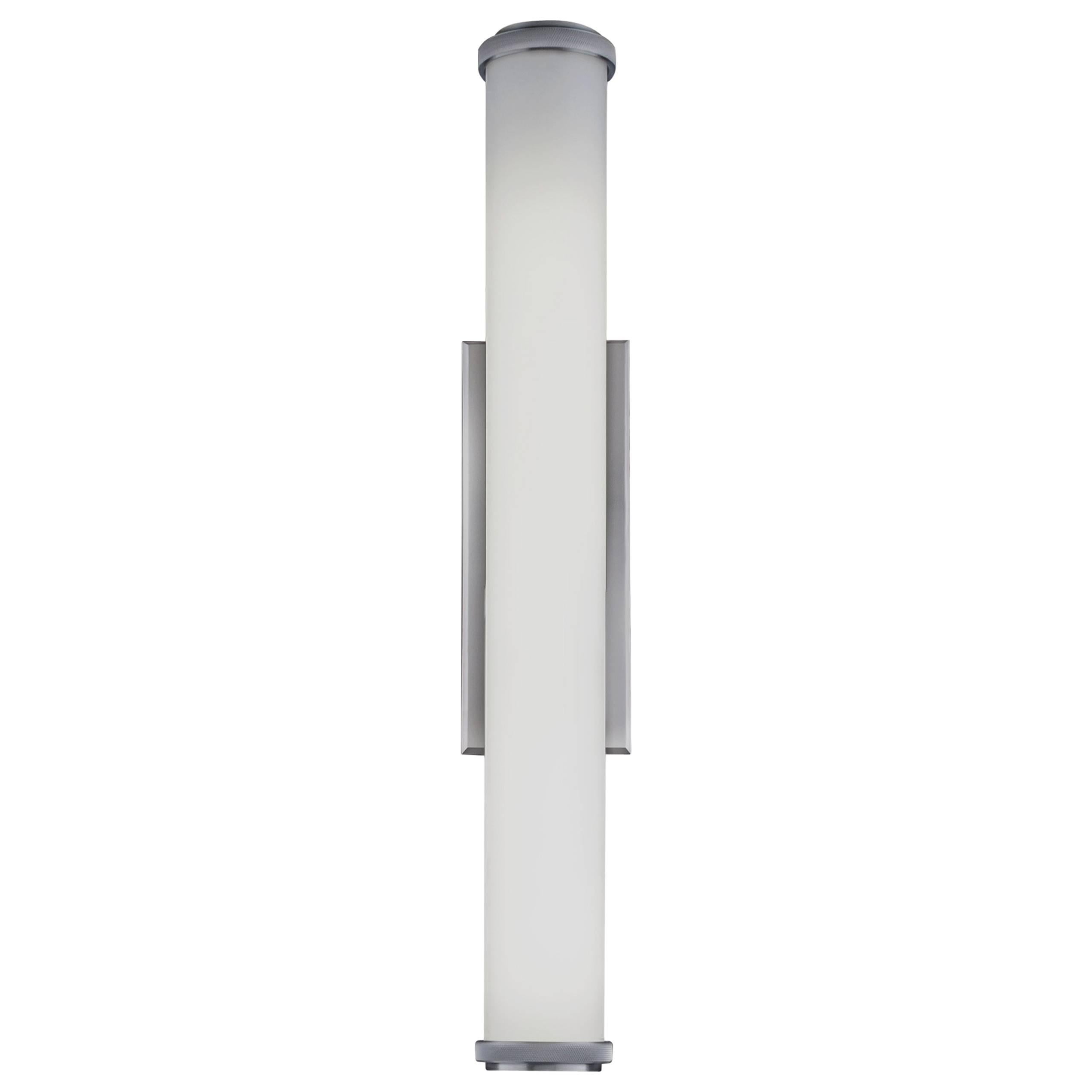 Long Tubular White Glass Wall Sconce with Knurled Aluminum Finials For Sale