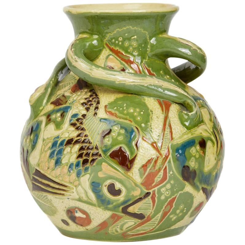 Charles Brannam Handled Thomas Liverton Fish Vase, 1902