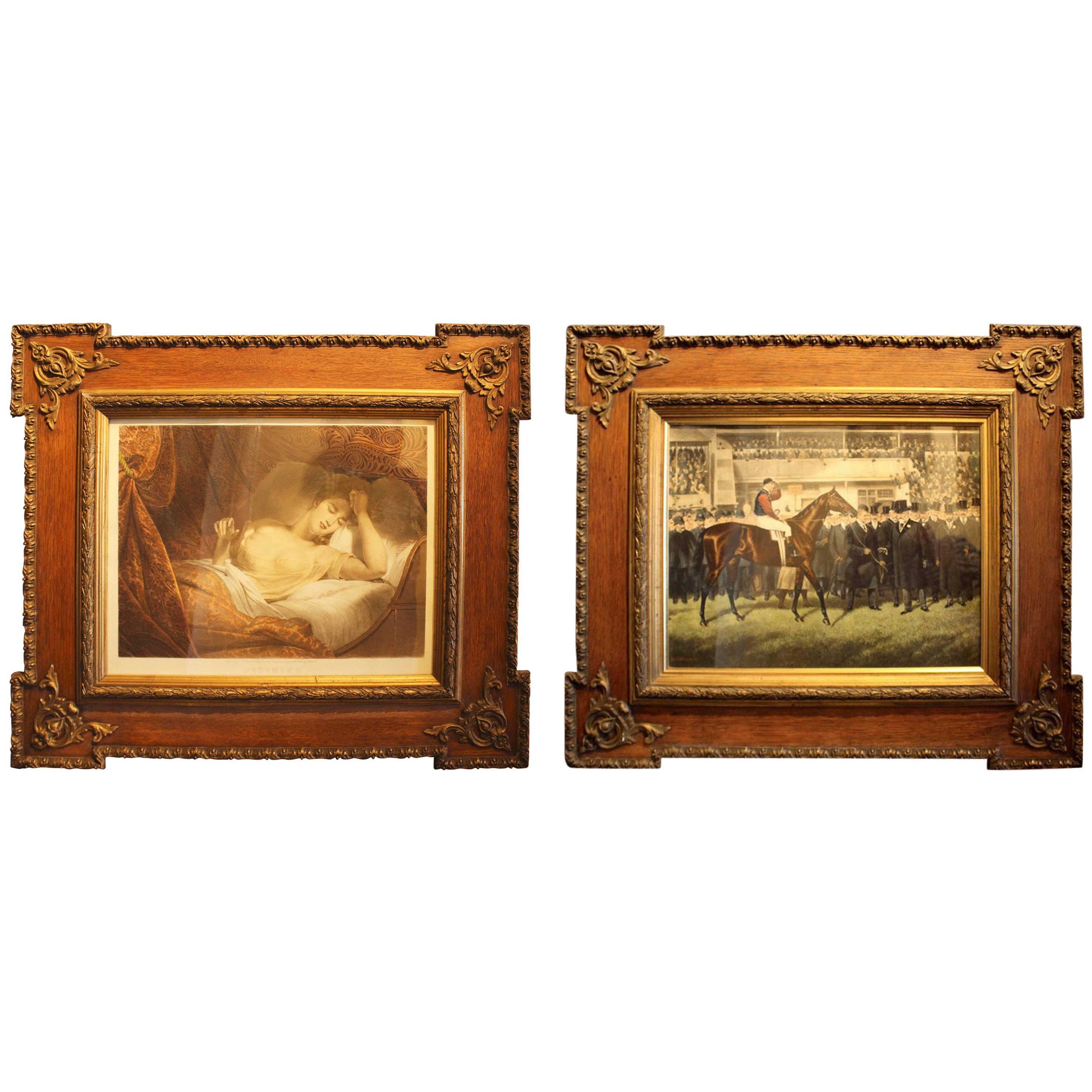 Pair of French Oak and Gilt Gesso Frames with Prints, circa 1900