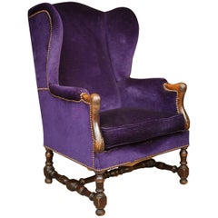 19th Century Wingback Armchair in Purple Velvet