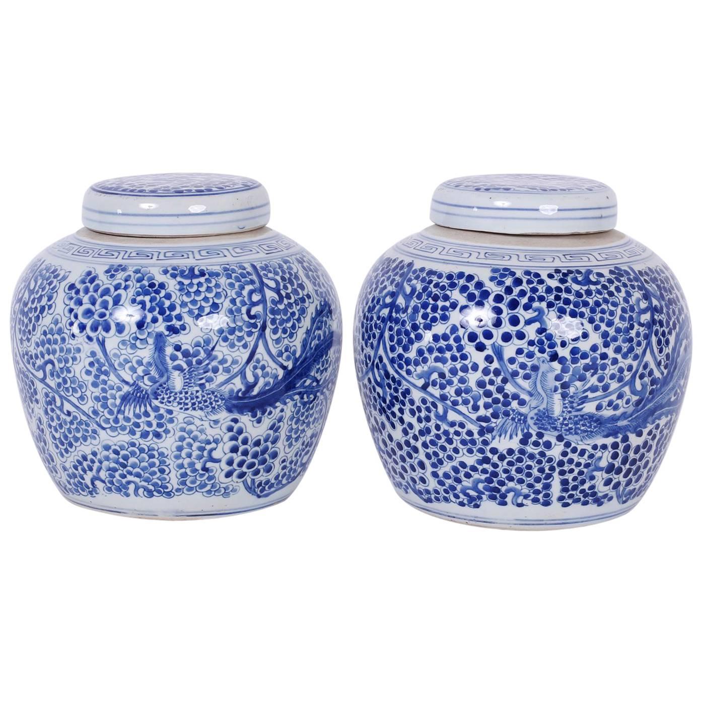 Pair of Chinese Export Style Blue and White Porcelain Ginger Jars
