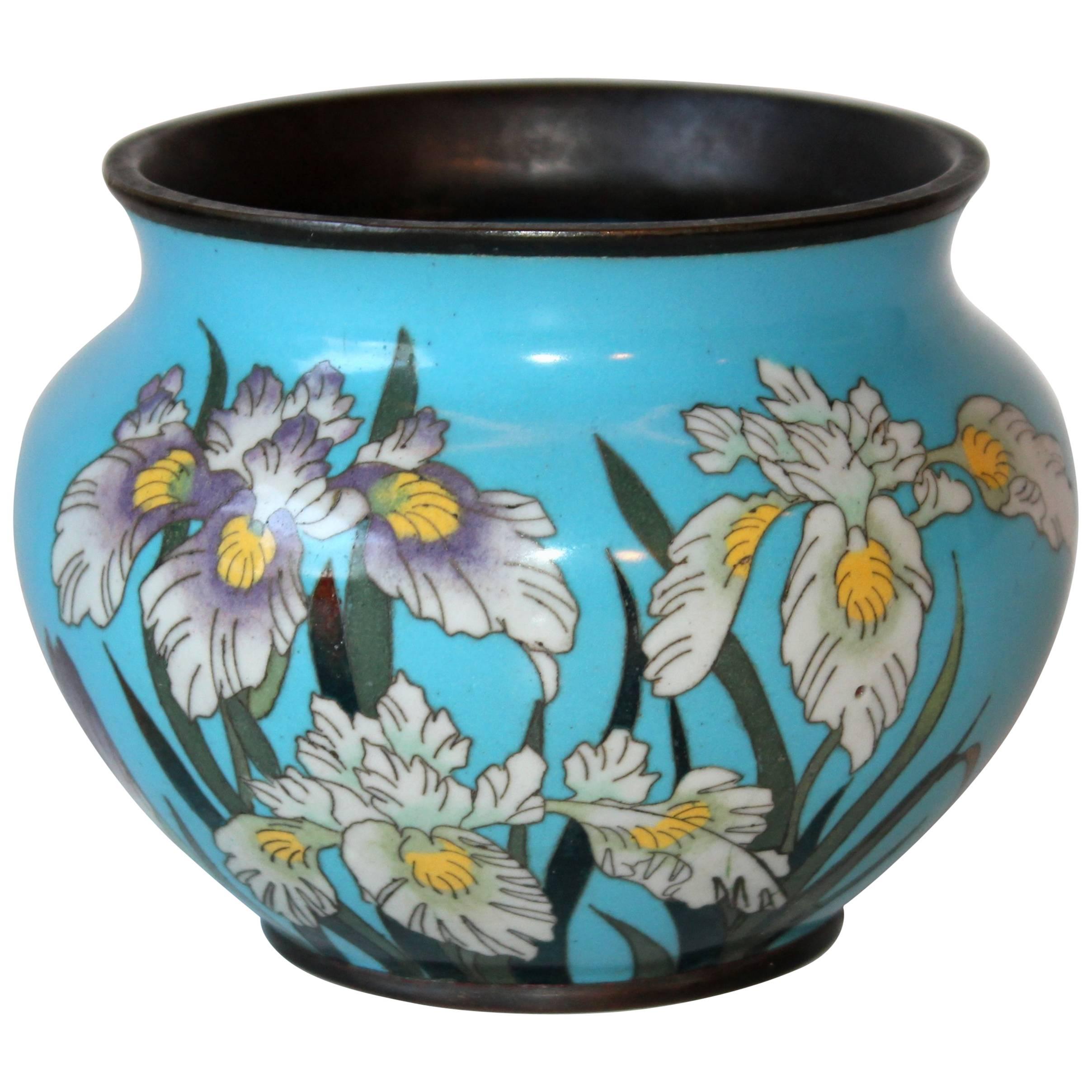 Antique Fine Cloisonne Old Japanese Enamel Copper Crane Irises Meiji Vase Jar