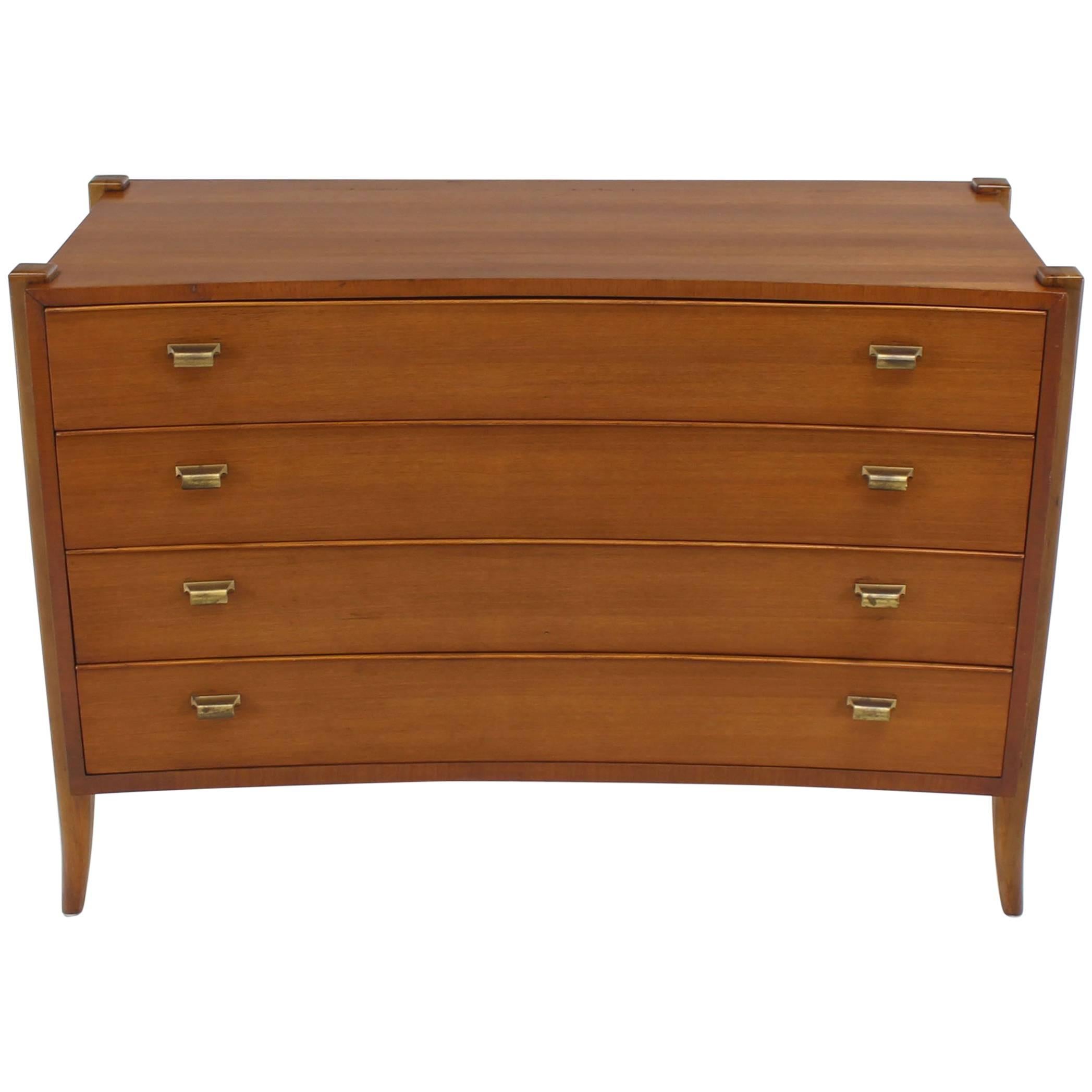 Bow Front Mid-Century Modern Bachelor Four Drawers Chest Dresser Brass Pulls