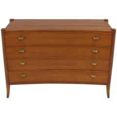 Vintage Bow Front Mid-Century Modern Bachelor Four Drawers Chest Dresser Brass Pulls
