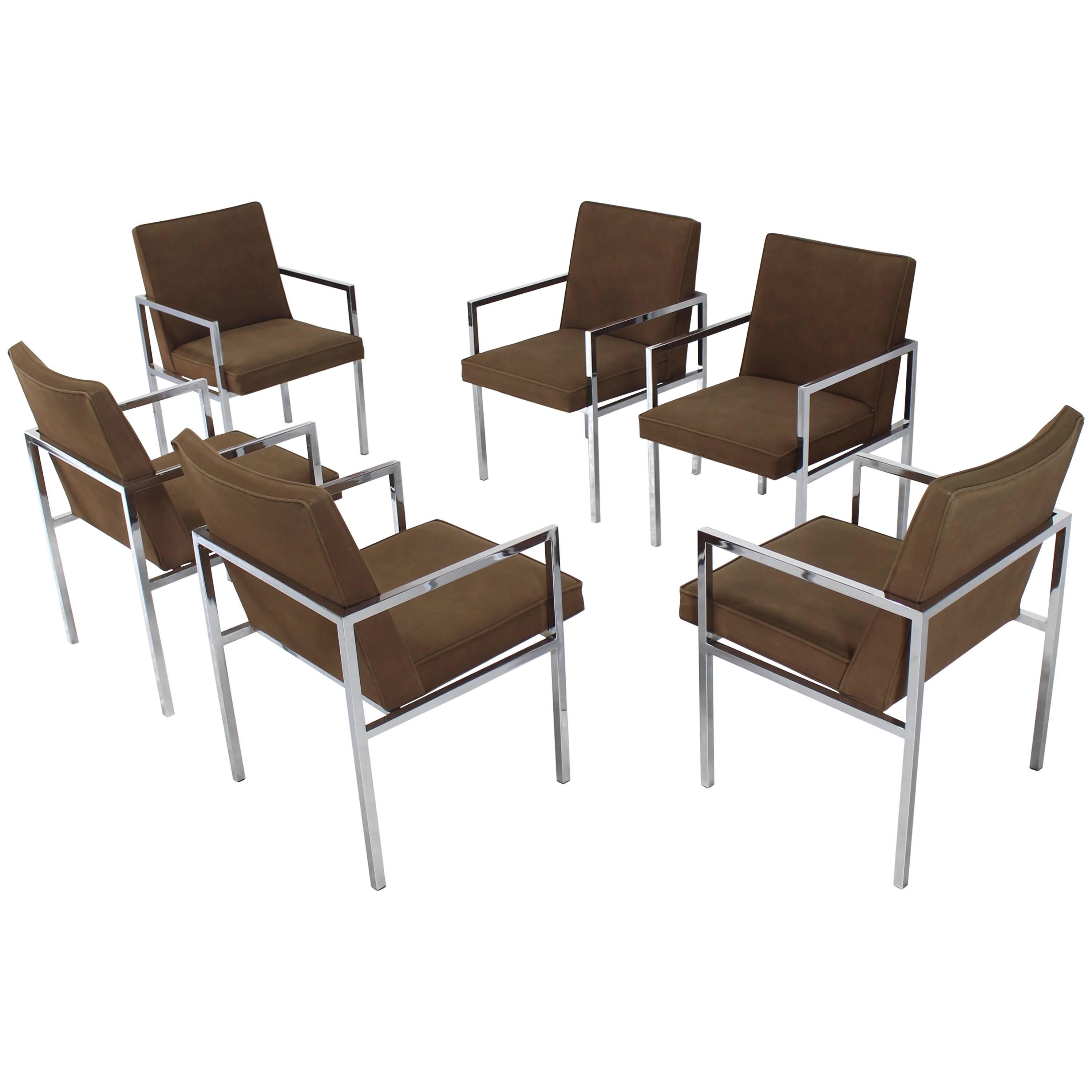 Set of Six Chrome Mid-Century Modern Dining Chairs with Arm Milo Baughman Style
