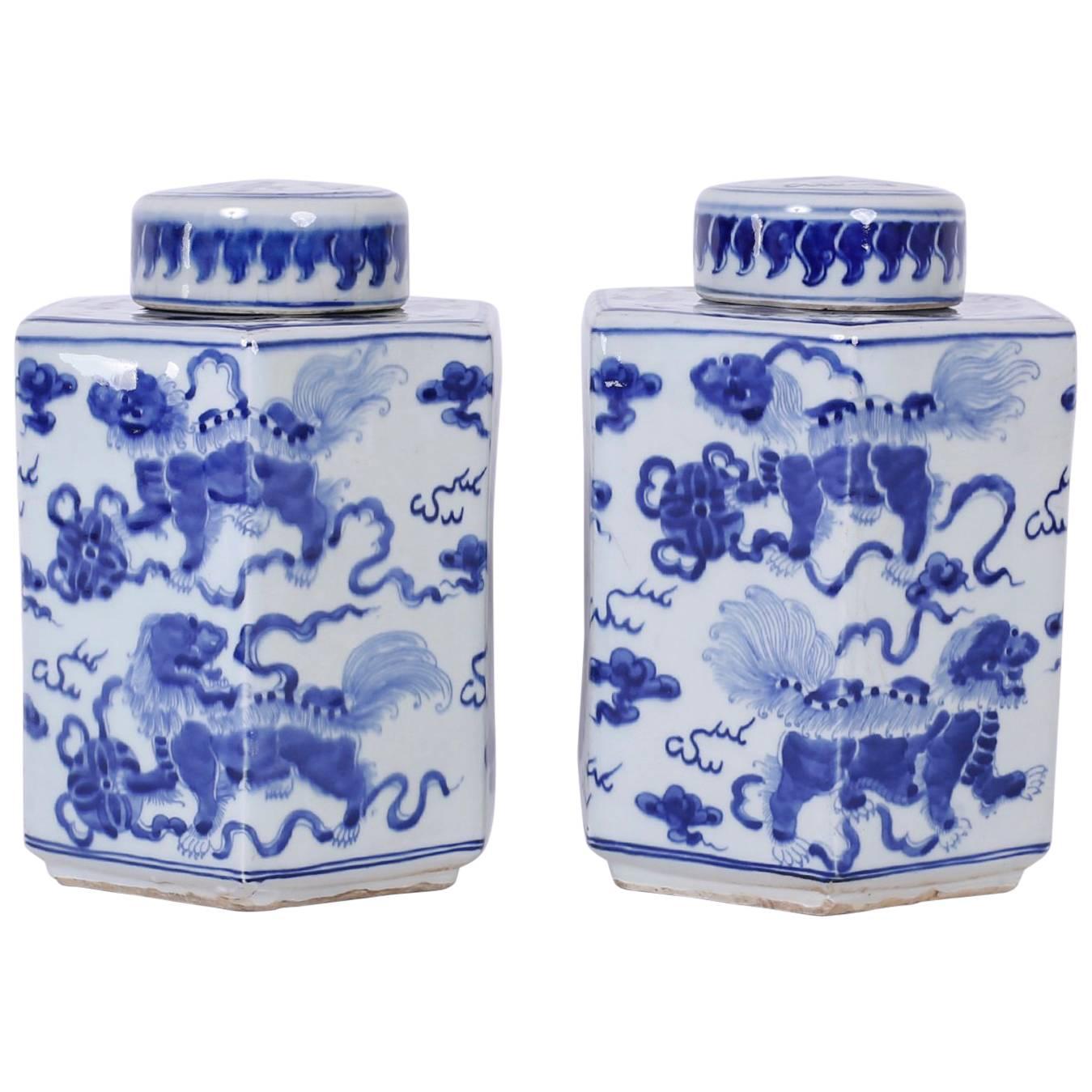 Pair of Chinese Export Style Blue and White Porcelain Tea Leaf Jars