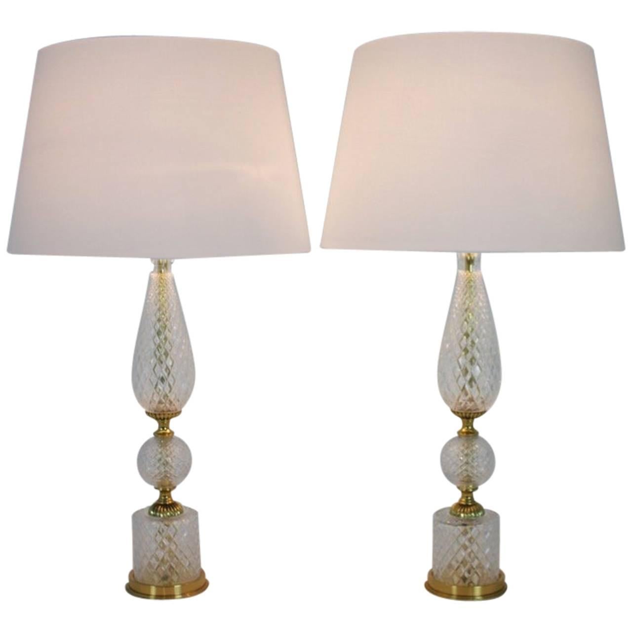 Pair of Textured Glass and Brass Table Lamps, 1960s