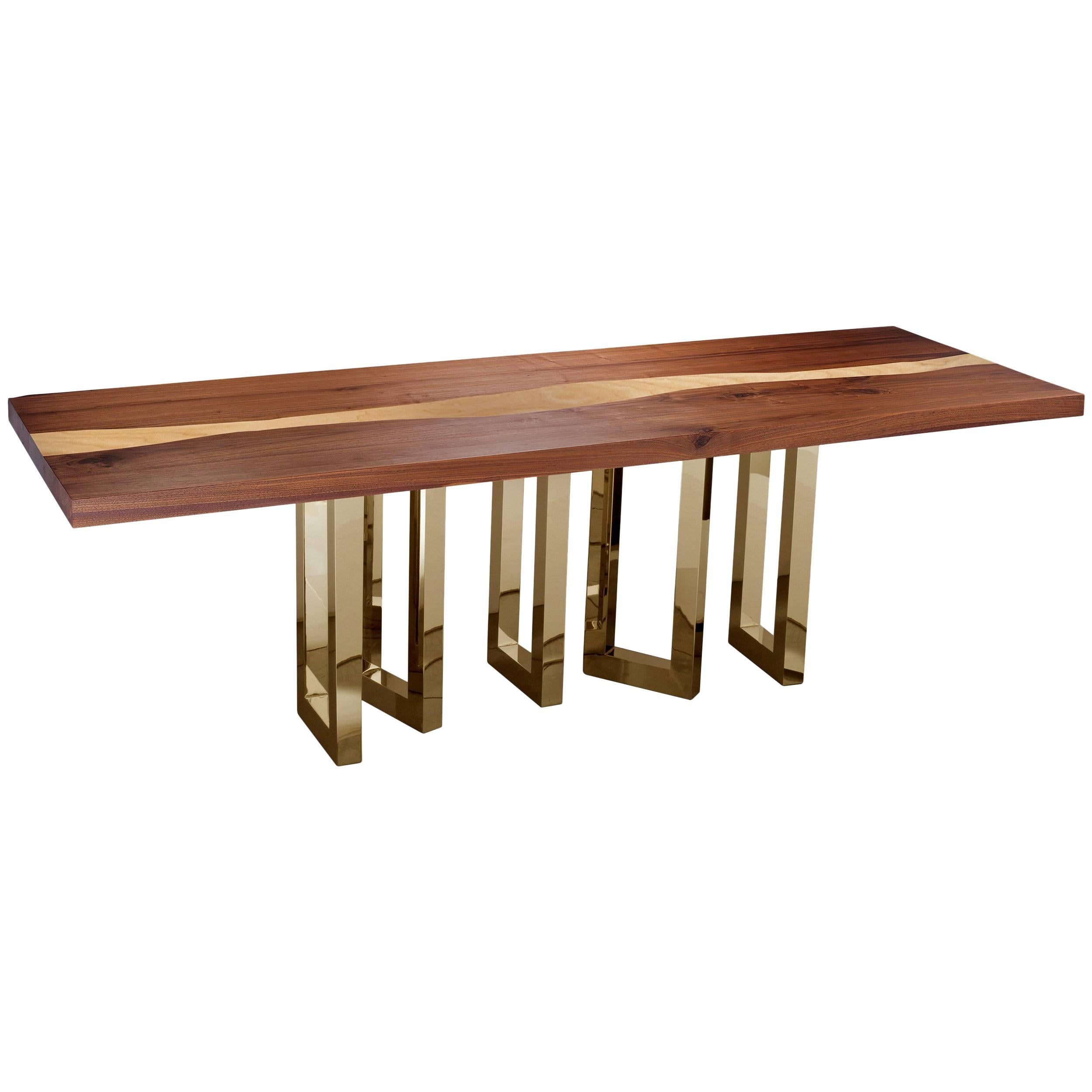 "Il Pezzo 6 Long Table" length 260cm/102.4” - solid walnut and ash - gold base For Sale