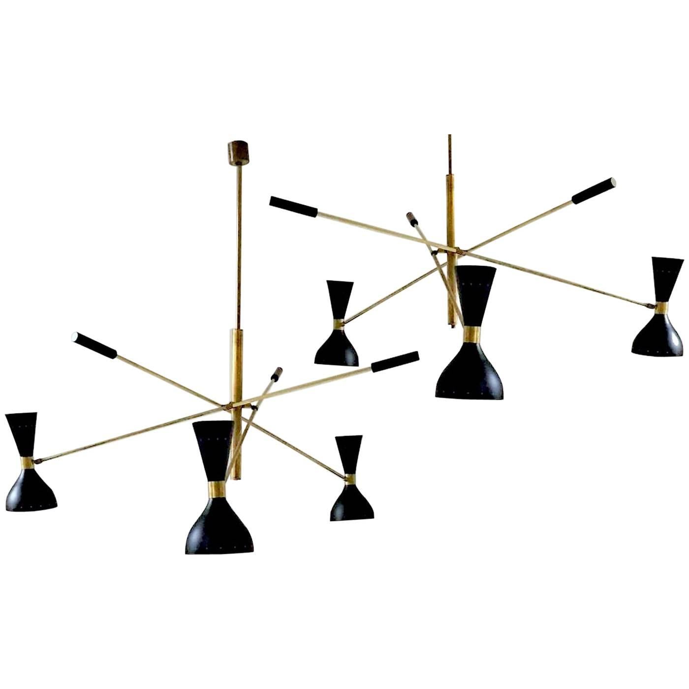 Elegant  Black and Brass Adjustable Three-Arm Triennale Style Chandelier For Sale