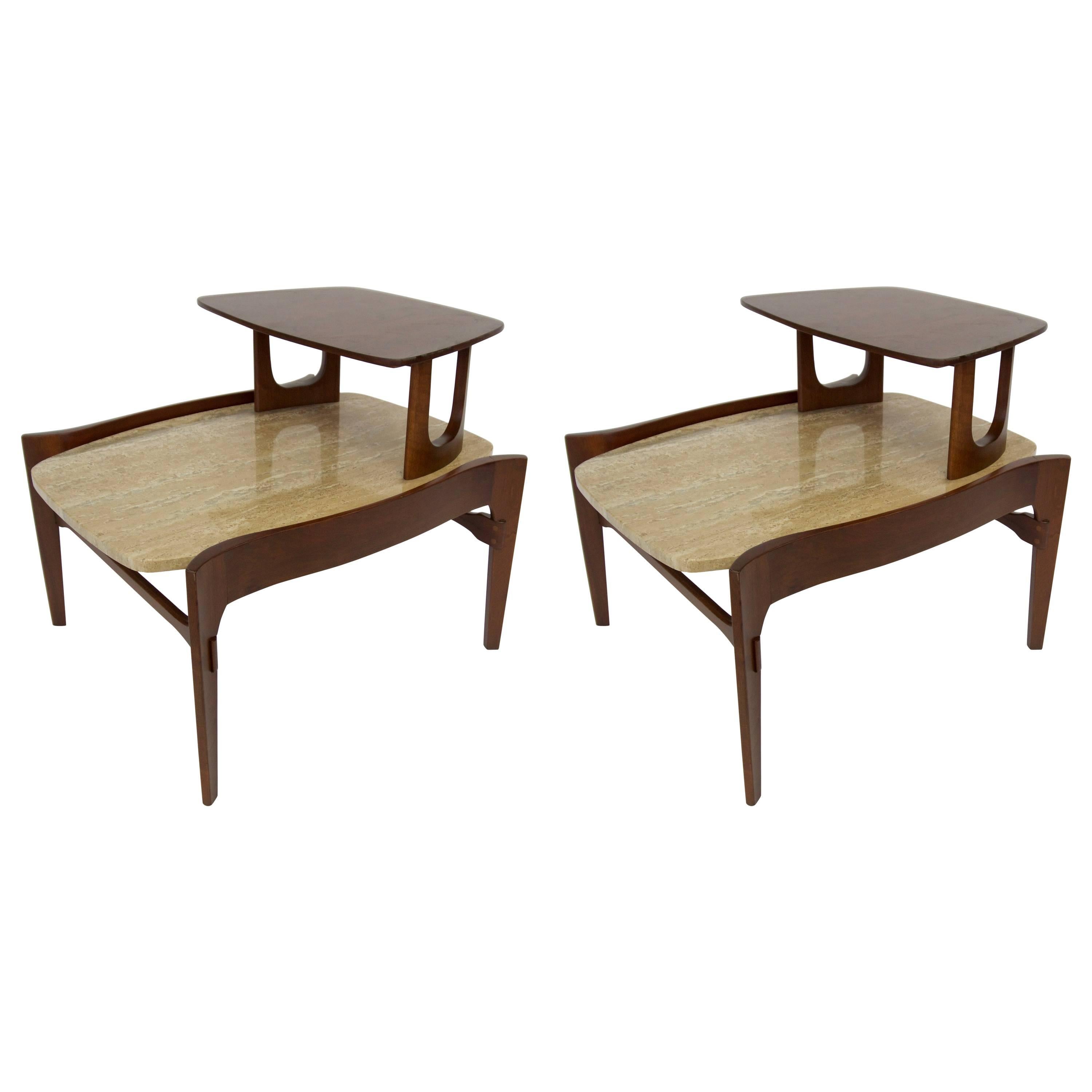 Gordon Furniture Pair of Travertine Step End Tables For Sale