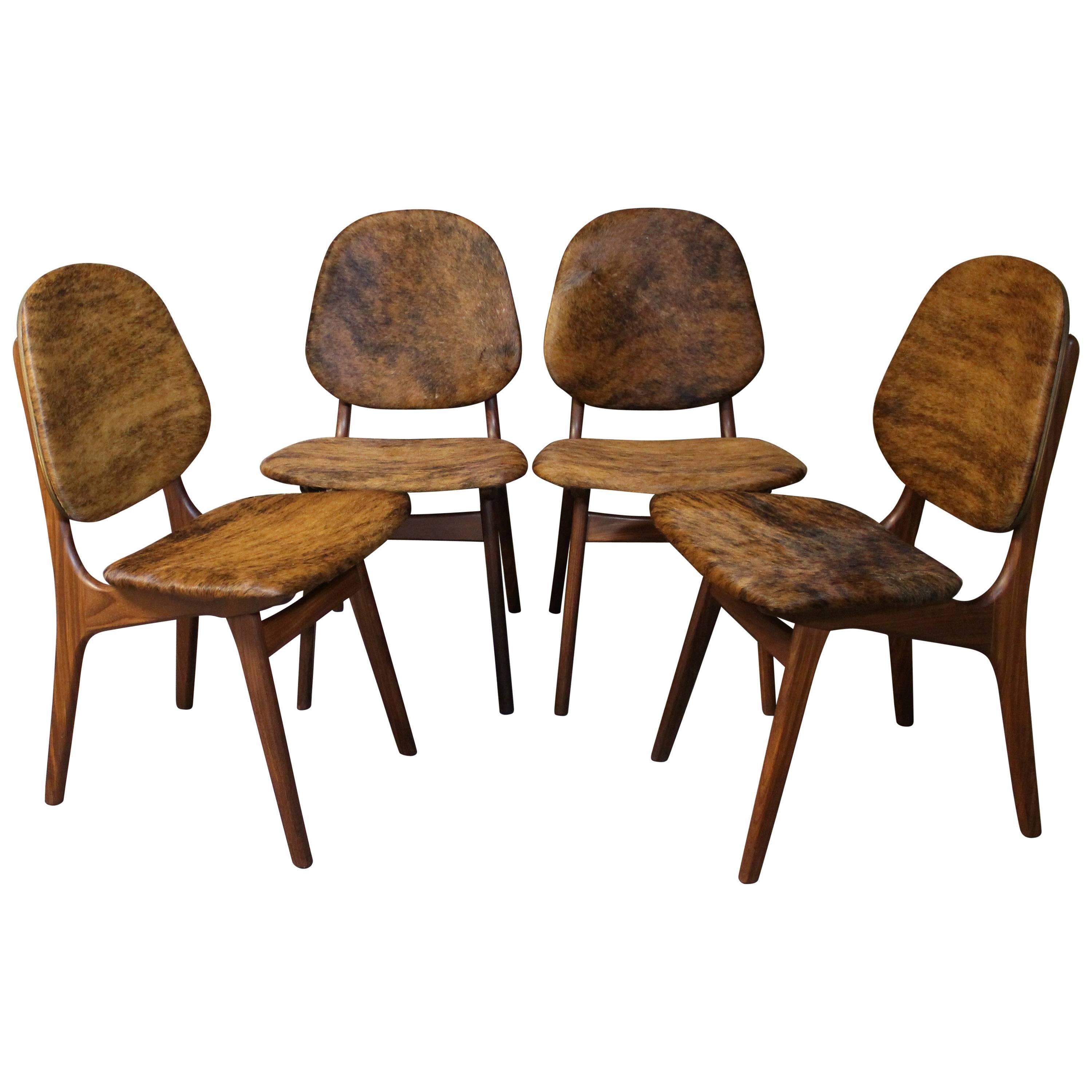 Arne Hovmand-Olsen Set of for Danish Teak Dining Chairs in Cowhide Upholstery