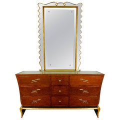 1940s Rounded Commode and Mirror, thuja veneer, walnut, golden leaf. Italy