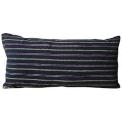 indigo Green Purple White Cotton Wool Striped Pillow French c.1860s