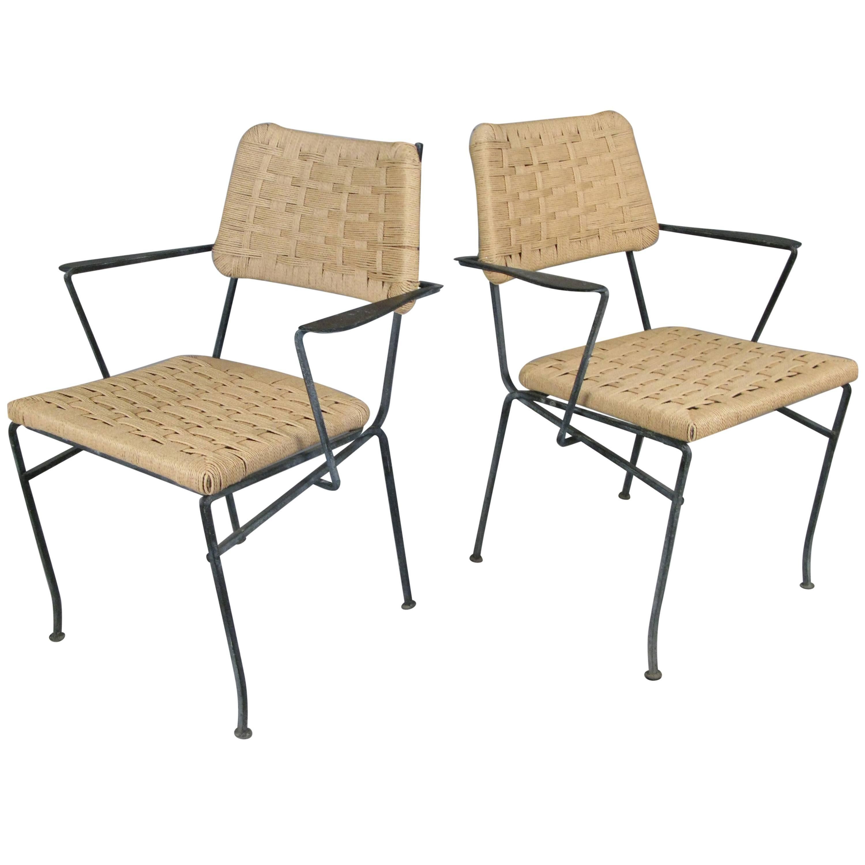 Pair of 1950s Iron and Woven Armchairs by Salterini