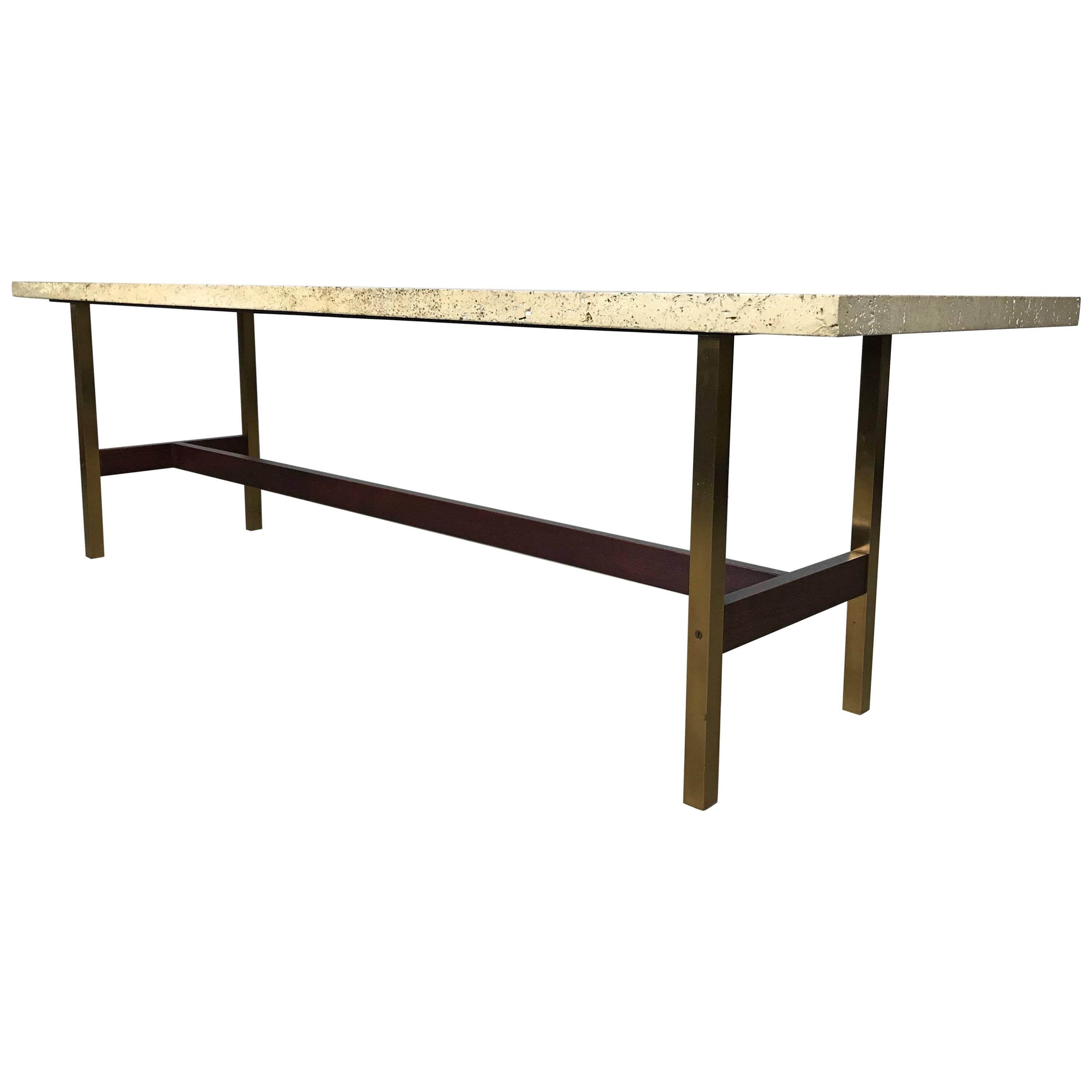 Unique Travertine Walnut and Brass Cocktail Table Designed by Phillip Enfield For Sale
