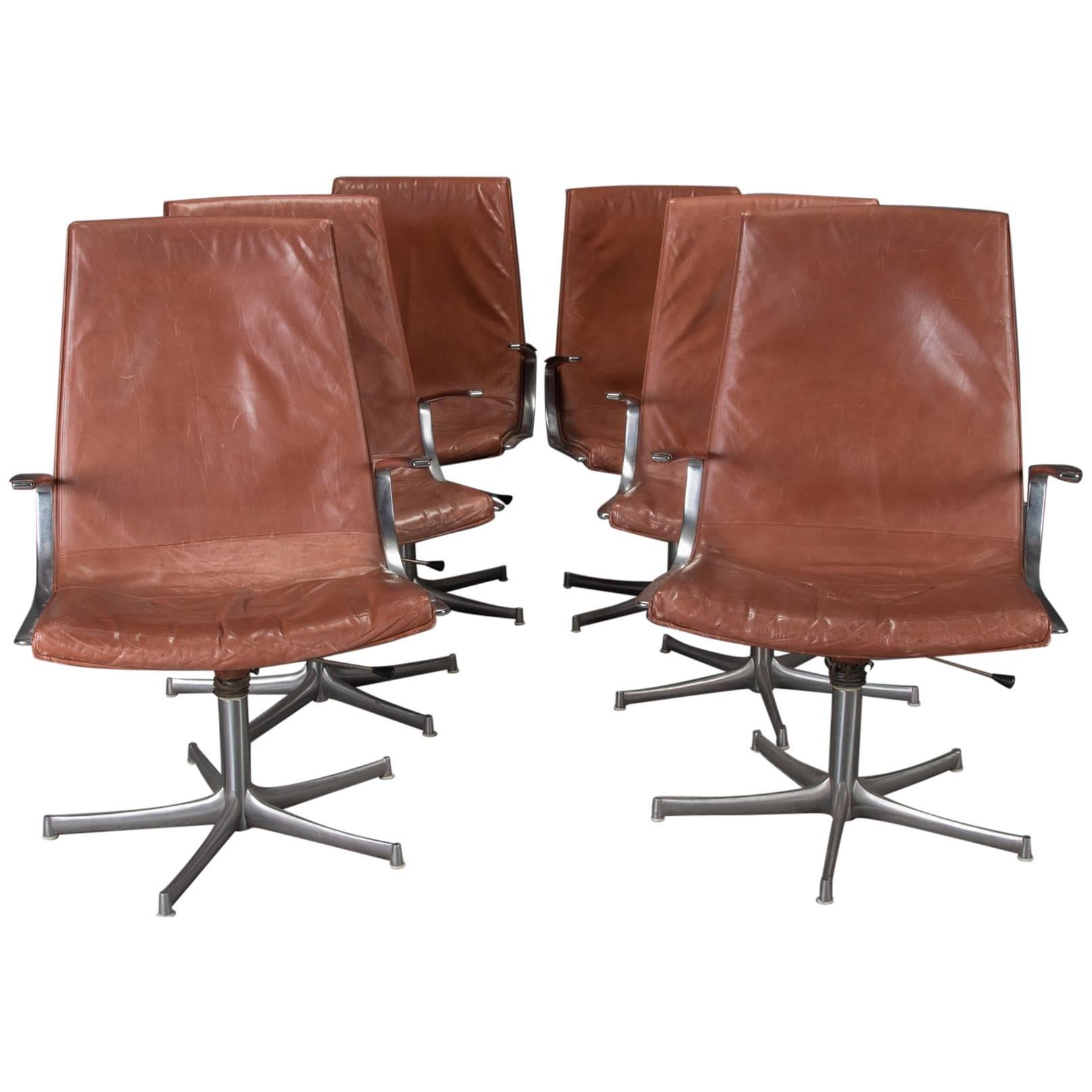Set of Six Armchairs in Chrome and Cognac Leather by Walter Knoll