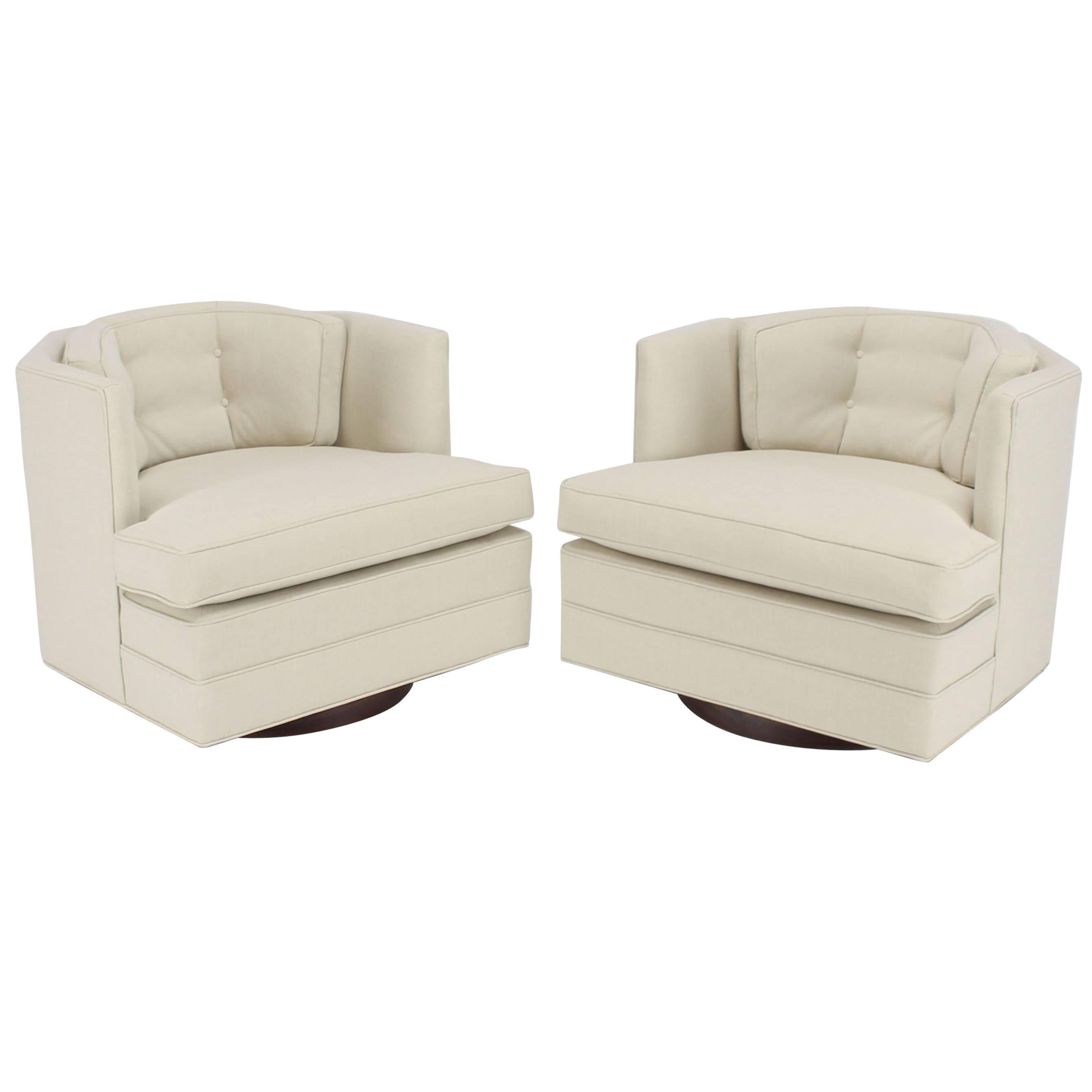 Pair of Newly Upholstered Swivel Barrel Back Lounge Chairs 