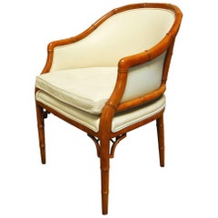 Mid-Century Faux Bamboo and Leather Barrel Back Armchair