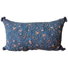 Early 19th Century French Blockprinted Indigo Resist with Red Birds Pillow