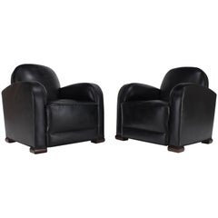 Pair of Black Leather Thick Arm Rests Lounge Deco Tank Chairs 