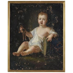 Antique Early 19th Century Baroque Style Portrait Oil Painting of a Child