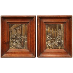 Pair of 19th Century French Interior Scenes Bronze Plaques in Walnut Frames
